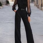 Button-front Sheer-Sleeve Tailored Wide-Leg Jumpsuit