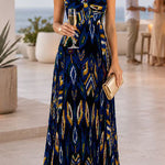 Sweetheart Neck Aztec Print Pleated Maxi Dress