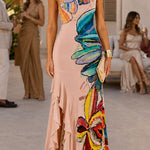 One Shoulder Sleeveless Floral Print Ruffle Hem Maxi Dress
