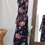 Round Neck Long Sleeves Floral Print Maxi Dress