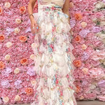 Strapless Floral Print Ruffle Layered Maxi Dress