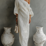Women's Ivory White Cotton-Linen Blend One-Shoulder Flowing Elegant Dress