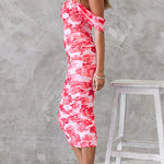 Off Shoulder Ruched Mesh Overlay Slim Fit Floral Midi Dress