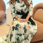 3/4 Sleeves Button Up Wild Rose Print Shirt Maxi Dress