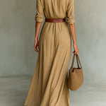Margovil Lapel Long Sleeves Button Up Maxi Dress With Belt