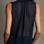 Vintage Elegant Navy Embroidered High-Neck Chiffon Top