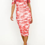 Off Shoulder Ruched Floral Midi Bodycon Dress
