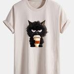 Regular Fit Black Cat Drinking Coffee Print Cotton T-Shirt