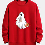 Halloween Ghost Drinking Coffee Pumpkin Print Relax Fit Sweatshirt