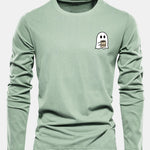 Long Sleeve Ghost Drinking Coffee Print Cotton T-Shirt