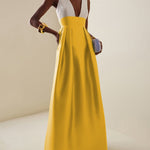 A-Line High Waisted Contrast Color Pleated Zipper Deep V-Neck Maxi Dresses