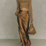 Women's Fashionable Gold-brown Turtleneck Long-sleeved Knit Top Paired With A Satin Midi Skirt