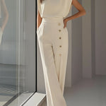 Cap Sleeve Loose Buttoned Solid Color Round-Neck Jumpsuits