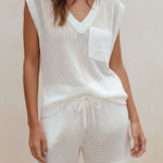 Quiet Luxury Ivory Knit Sleeveless V-Neck Top & Drawstring Shorts Set