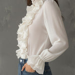 Retro Romantic High Neck White Ruffled Chiffon Blouse