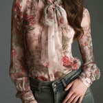 Retro Romantic Floral Chiffon Bow-Tie Blouse