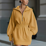 Mustard Yellow Half-Zip Hooded Sweatshirt Dress