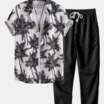 Palm Tree Print Button Up Shirt & Straight Leg Linen Pants