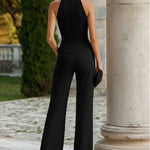 High-Neck Sheer Yoke Tailored Wide-Leg Jumpsuit