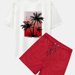 Palm Tree Red Background Print Oversize T-Shirt & Swim Shorts