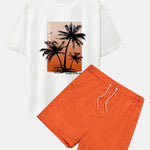 Palm Tree Orange Background Print Oversize T-Shirt & Swim Shorts