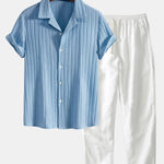 Striped Jacquard Cuban Collar Shirt & Straight Leg Linen Pants