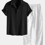 Striped Jacquard Cuban Collar Shirt & Straight Leg Linen Pants