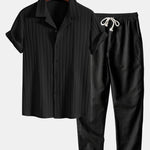 Striped Jacquard Cuban Collar Shirt & Straight Leg Linen Pants
