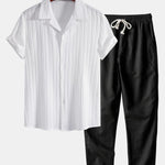 Striped Jacquard Cuban Collar Shirt & Straight Leg Linen Pants