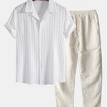Striped Jacquard Cuban Collar Shirt & Straight Leg Linen Pants