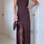 Sleeveless knitted maxi dress with tassels