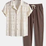 Short Sleeve Geometry Textured Cuban Shirt & Linen Cotton Blend Cropped Pants