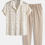 Short Sleeve Geometry Textured Cuban Shirt & Linen Cotton Blend Cropped Pants
