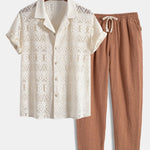 Short Sleeve Geometry Textured Cuban Shirt & Linen Cotton Blend Cropped Pants