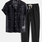 Short Sleeve Geometry Textured Cuban Shirt & Linen Cotton Blend Cropped Pants