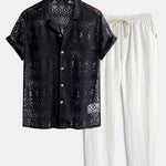 Short Sleeve Geometry Textured Cuban Shirt & Linen Cotton Blend Cropped Pants