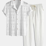 Short Sleeve Geometry Textured Cuban Shirt & Linen Cotton Blend Cropped Pants