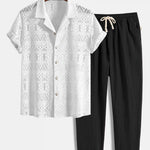 Short Sleeve Geometry Textured Cuban Shirt & Linen Cotton Blend Cropped Pants