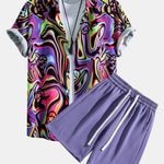 Colorful Fluid Smiley Print Button Up Shirt & Shorts