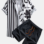 Floral Stripe Patchwork Print Button Up Shirt & Swim Shorts