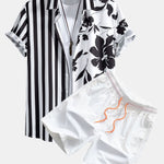 Floral Stripe Patchwork Print Button Up Shirt & Swim Shorts