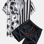 Palm Tree Flamingo Stripe Patchwork Print Button Up Shirt & Swim Shorts