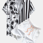Palm Tree Flamingo Stripe Patchwork Print Button Up Shirt & Swim Shorts