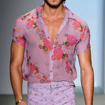 Men's Retro Casual Mesh Printed Floral Lapel Short Sleeve Shirt