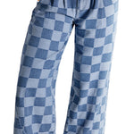 Dusk Blue Checkered Light Washed Wide Leg Jeans
