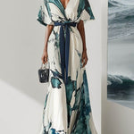 Batwing Sleeves Loose Printed Tied Waist V-Neck Evening Dresses Maxi Dresses