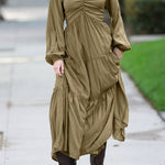 V Neck Bowknot Cutout Frill Tiered Maxi Dress