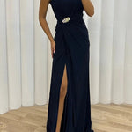 Pretty Special Pleated Embellished Slit Evening Maxi Dress