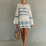 Women's Vacation Style Openwork Knit Striped Mini Dress