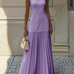 Sleeveless Gauze Pleated Solid Color Split-Joint Boat Neck Evening Dresses Maxi Dresses